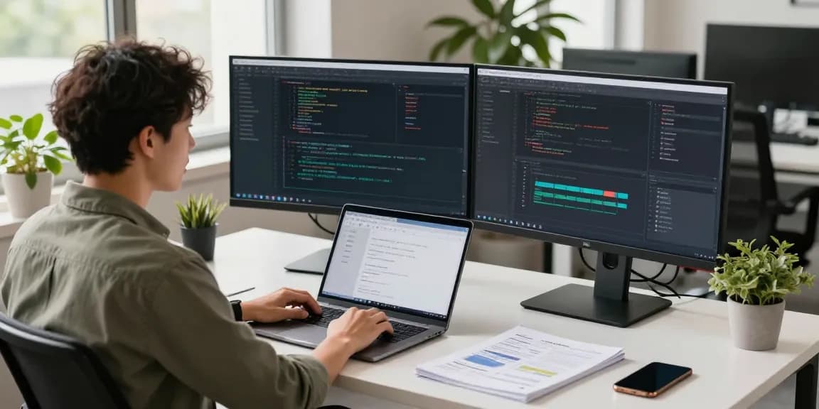 快连 software engineer working in a modern tech office with dual monitors and bright natural light.