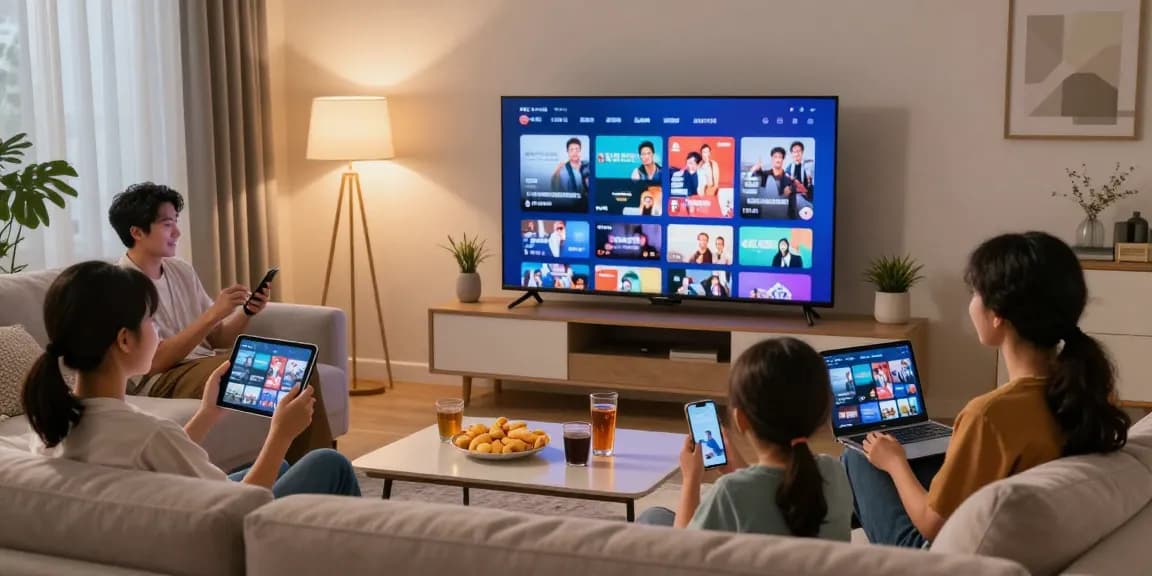 Expérience familiale de divertissement avec IPTV multi écrans dans un salon moderne.