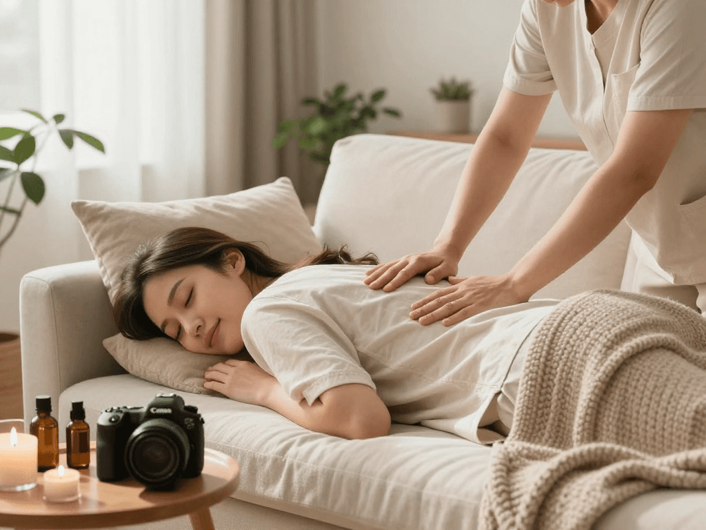 화곡동출장마사지 session in a serene home setting, showcasing relaxation and comfort.