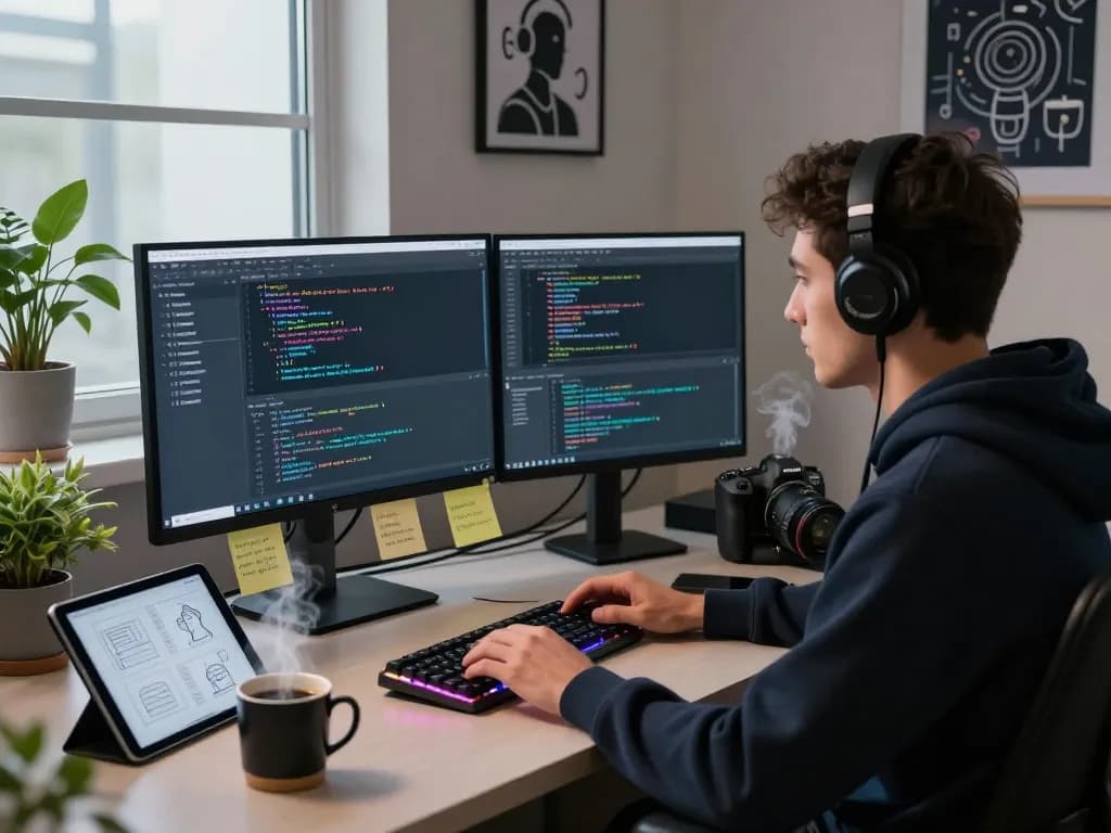 Engineer coding on CrushOn AI in a vibrant tech workspace with dual monitors and creative atmosphere.