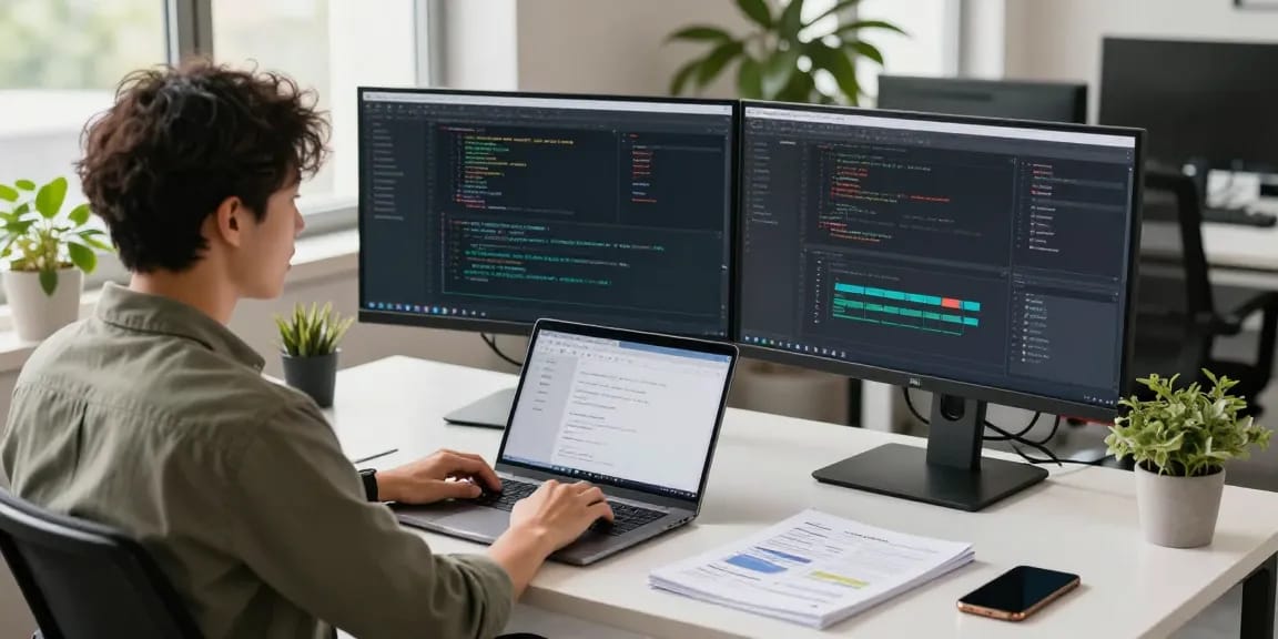 快连 software engineer working in a modern tech office with dual monitors and bright natural light.