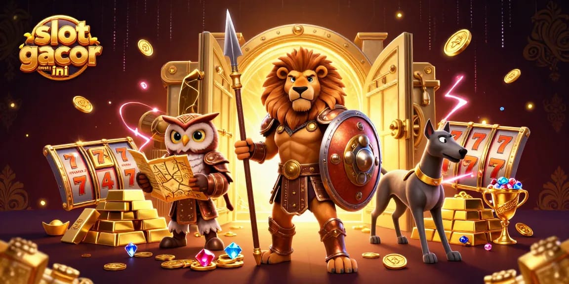 Experience slot gacor malam ini with a majestic Spartan lion, tactical owl, and swift greyhound amid treasures and sparks.