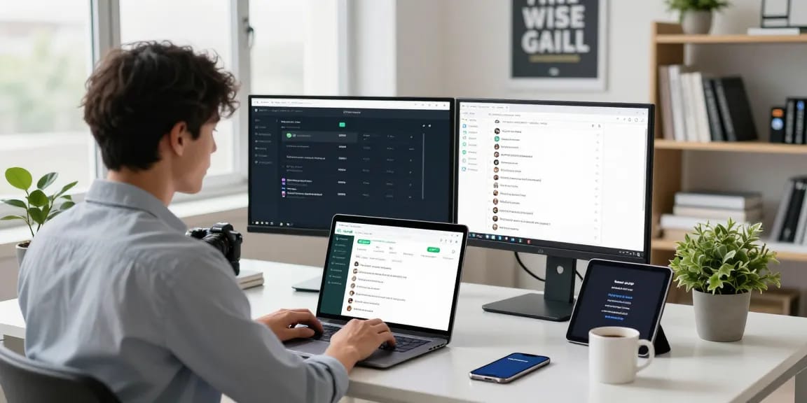 Professional using WhatsApp網頁版 on a laptop in a modern tech workspace with dual monitors and a coffee mug.