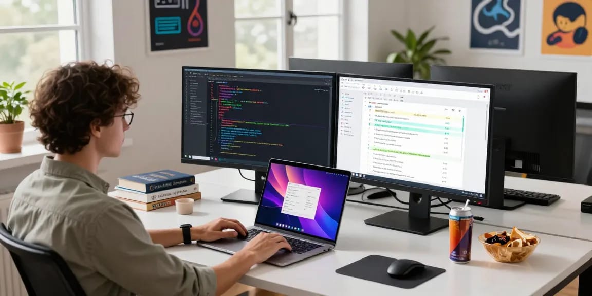 WPS Download scene showcasing a vibrant software development workspace with dual monitors highlighting coding and project management tools.