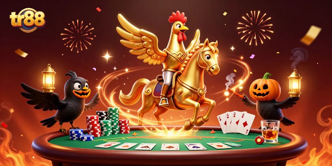 tr88 presents a vibrant casino scene with a golden rooster and pumpkin crow companions amid poker tables and colorful chips