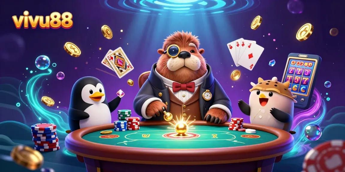 Play poker with vivu88's characters in a vibrant underwater casino scene filled with gold coins.
