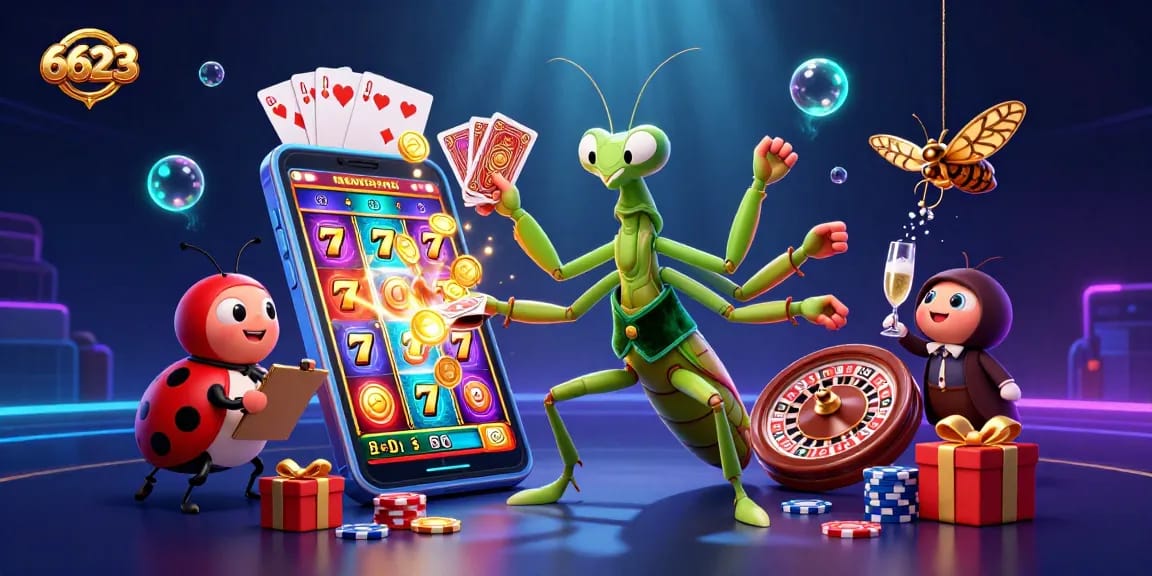 Experience thrilling slots and games at 6623 with a vibrant casino scene and dynamic gameplay elements.