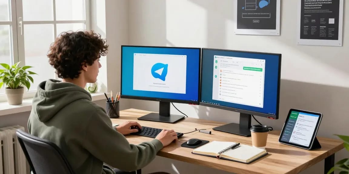 Explore the Telegram download experience in a modern workspace setup, featuring a developer engaged with the app on dual monitors.