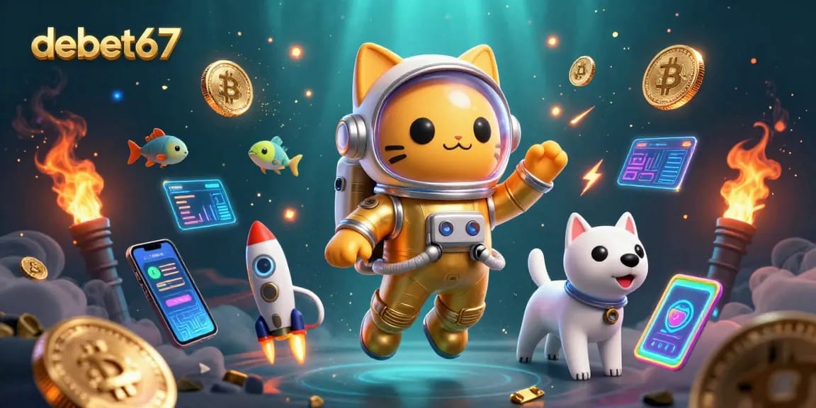 Place bets with debet67 in this vibrant, packed 3D casino scene filled with festive gaming and crypto elements.