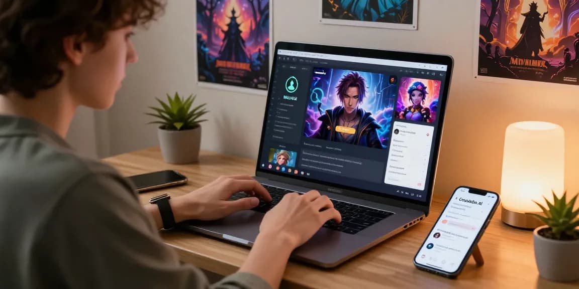 A user engaging with an nsfw character ai on a laptop in a vibrant home office, showcasing interactive roleplay and personalization features.
