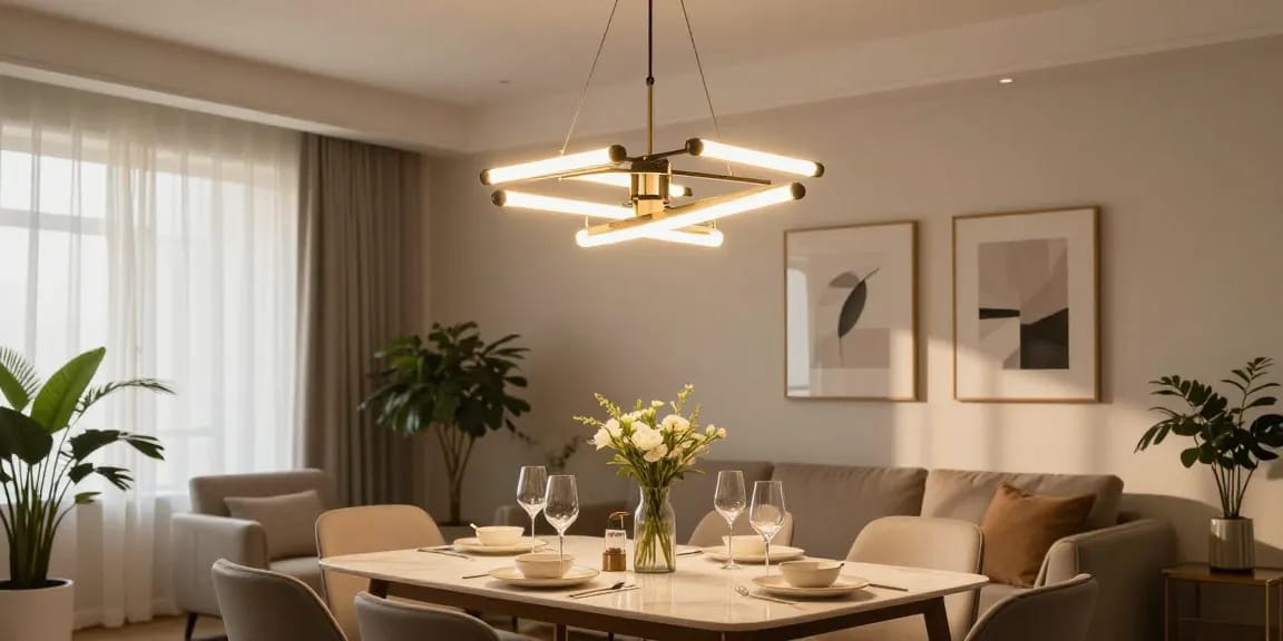 Candelabru LED elegant iluminând un living modern cu decor rafinat.
