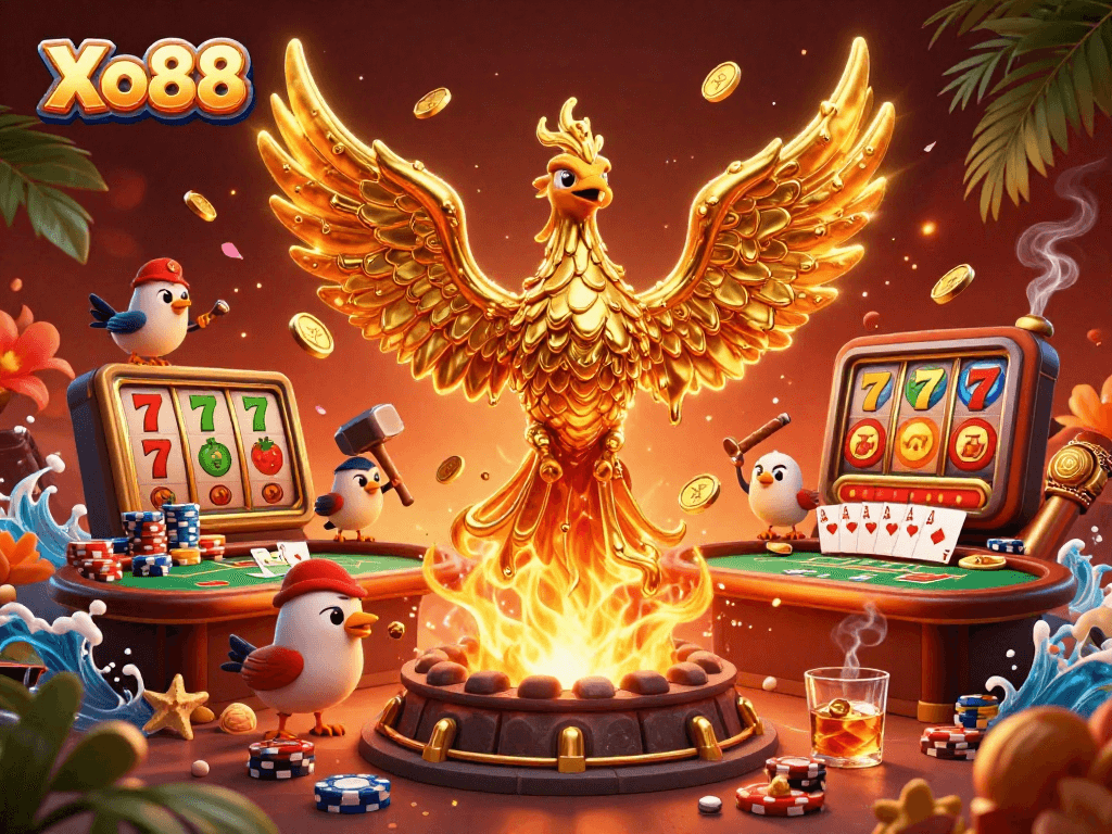 Experience winning moments at Xo88 with dynamic golden phoenix and vibrant casino elements.