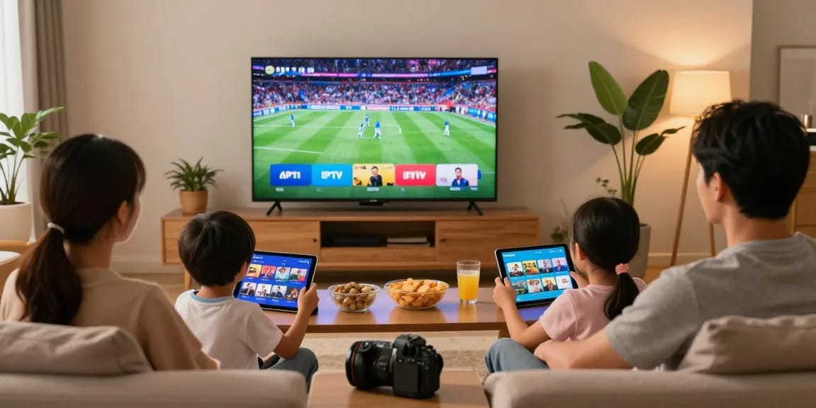 Family enjoying IPTV multi screens with Smart TV, tablets, and a cosy living room.