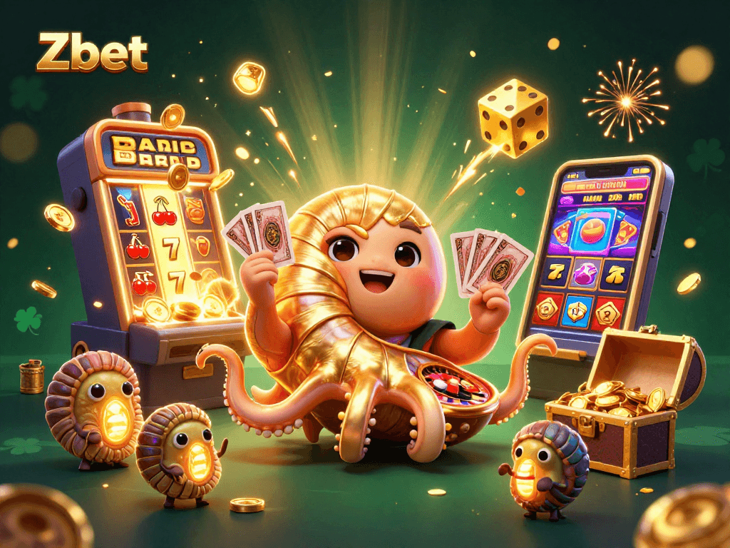 Experience the vibrant world of Zbet with spinning roulettes and bursting jackpots in this dynamic casino scene.