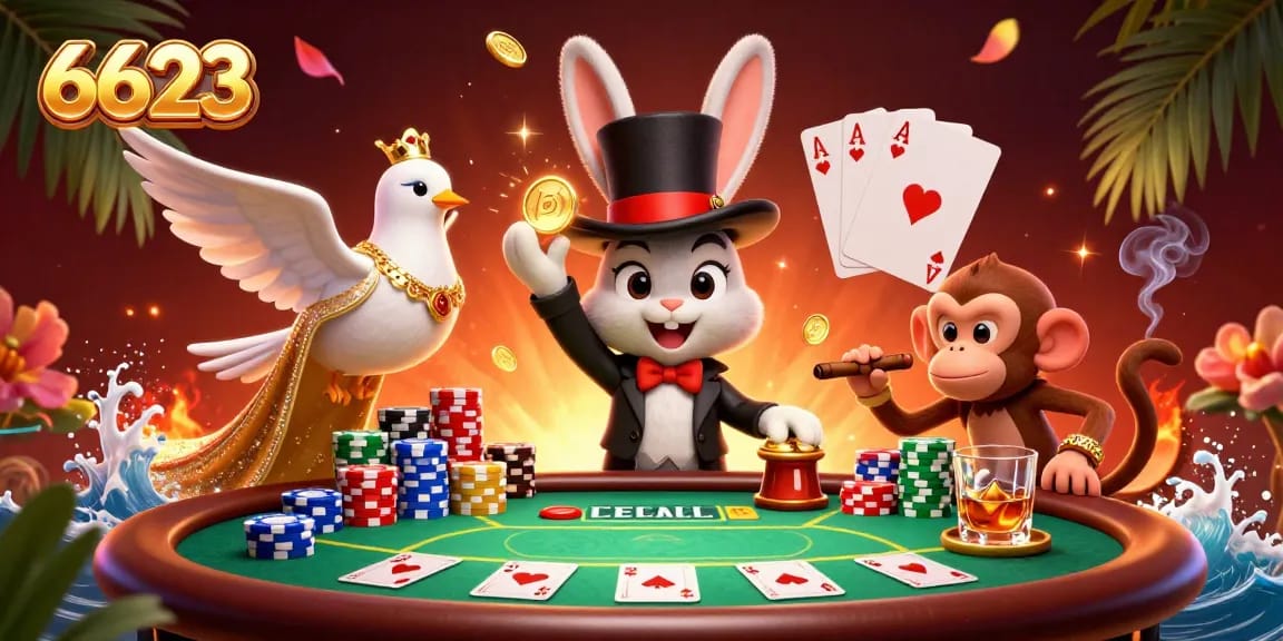 Experience the excitement of gambling at 6623 with a 3D cartoon magician pulling golden coins and poker chips.