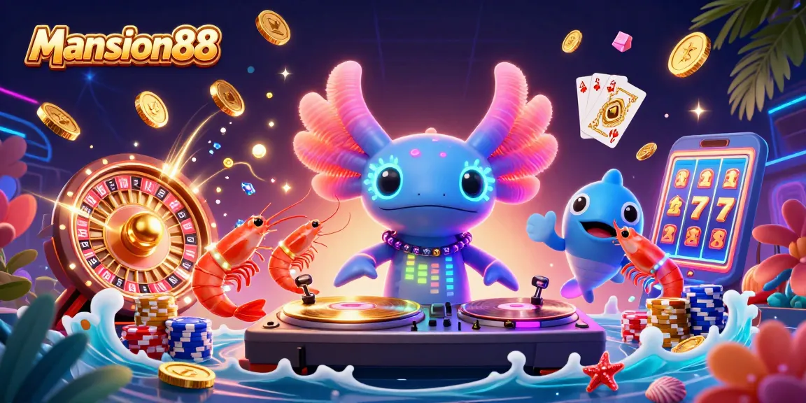 Mansion88 invites gamers into a vibrant underwater casino scene with a lively axolotl DJ and animated sea creatures celebrating winnings.