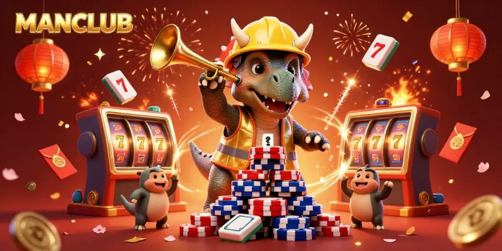 Experience the excitement of MANCLUB with vibrant characters celebrating in a packed casino scene.