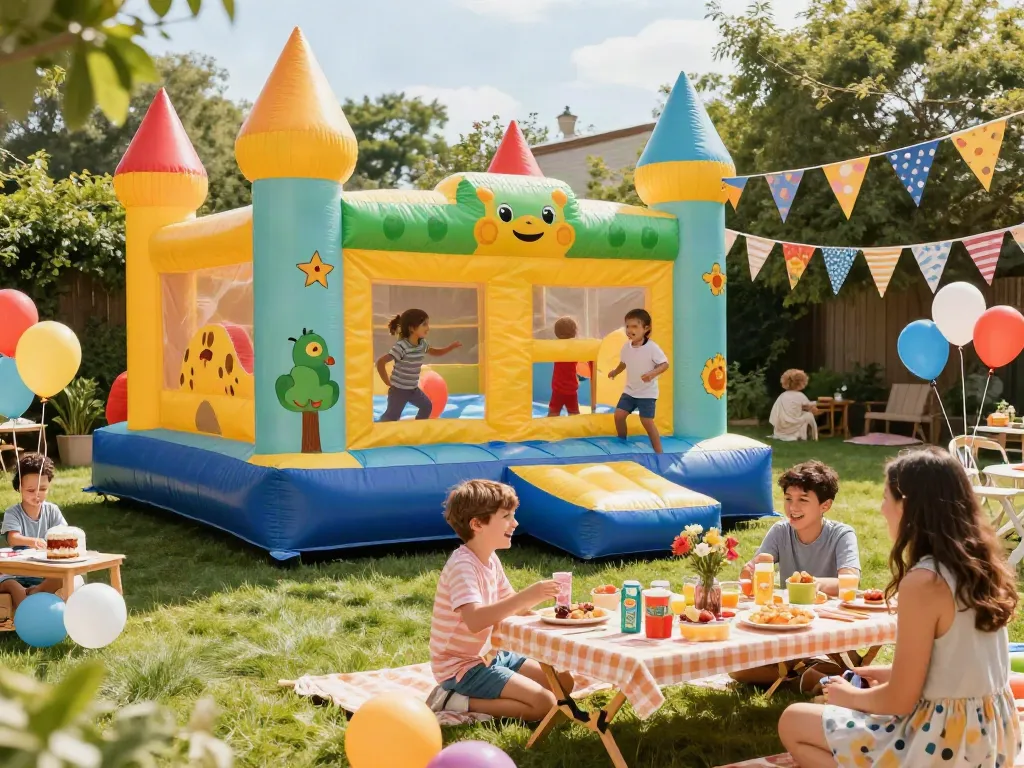 Children enjoying an inflatable castle during a sunny backyard party, filled with laughter and vibrant decorations, creating a joyful atmosphere.