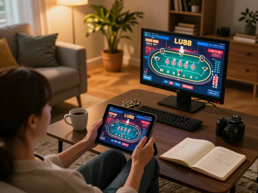 Player engaging with LU88 online casino gaming on tablet in cozy home setting, showcasing responsible gambling.