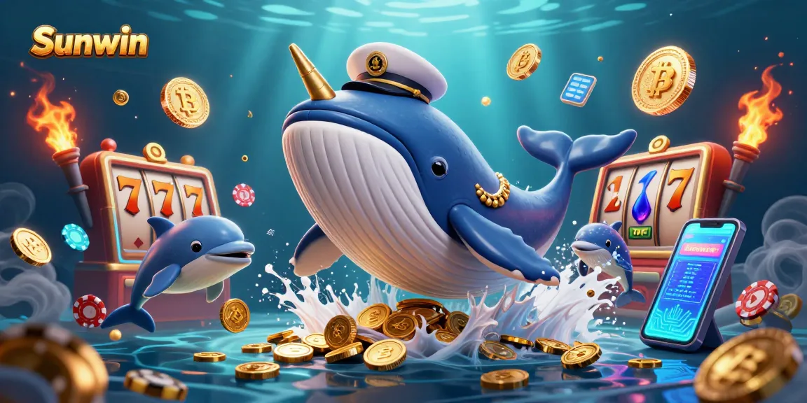 Sunwin players enjoy thrilling slot games with an adventurous whale breaching through coins.