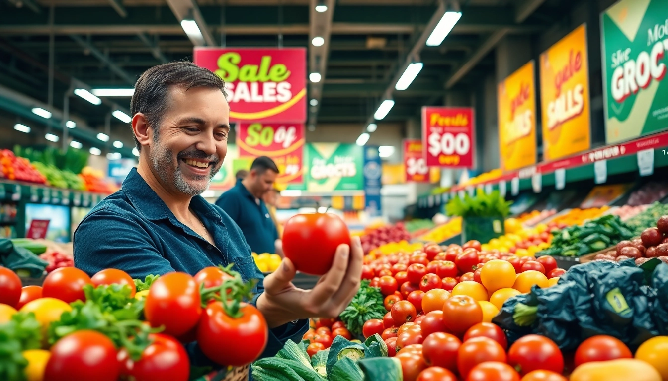Shopper exploring fresh produce and grocery sales in a vibrant store setting.