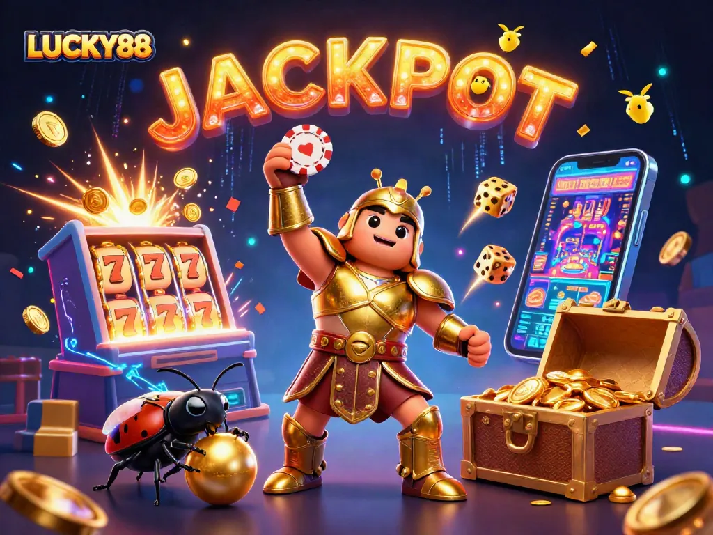 Spin to win with LUCKY88 as the heroic beetles celebrate a jackpot in a vibrant casino scene.