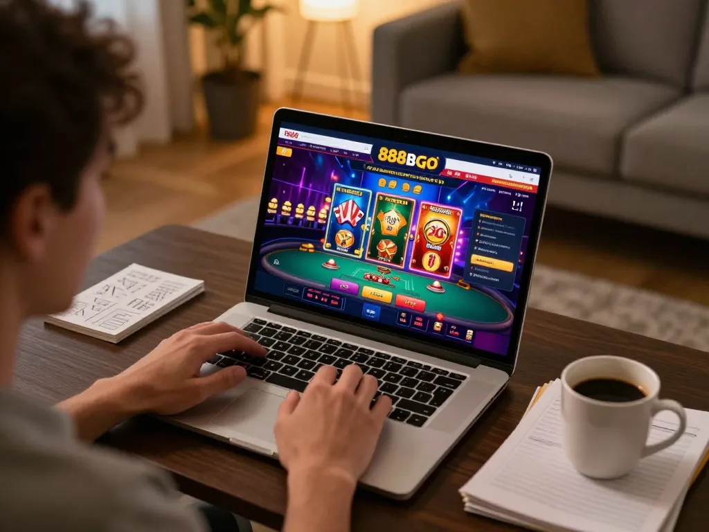 Engaging in responsible online gaming with 888bgo, featuring a player analyzing strategies