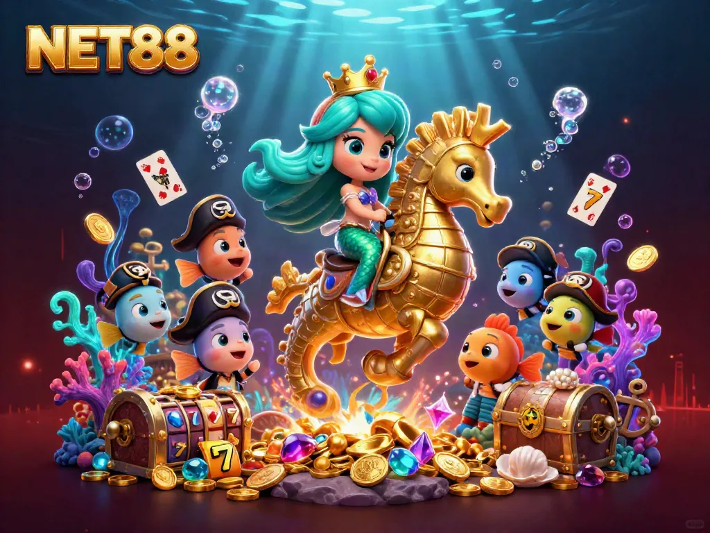Engage with thrilling NET88 slots surrounded by a vibrant underwater treasure scene.