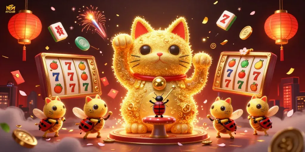 Engage with HITCLUB's captivating casino world through an artistic 3D rendering featuring a lucky cat amidst slots and festive elements.