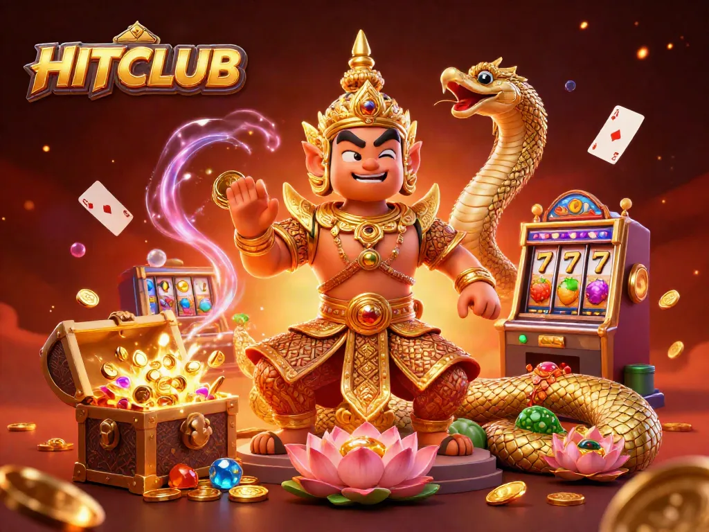 Engage with HITCLUB's vibrant fantasy casino illustration featuring golden slot machines and dynamic aquatic characters.