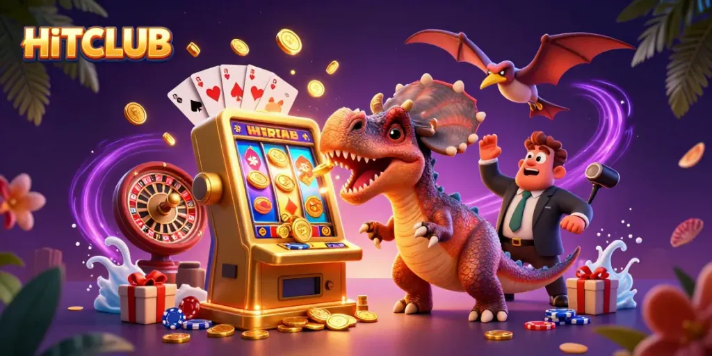 HITCLUB showcases a dinosaur-themed casino scene with a pachycephalosaurus jackpot win.