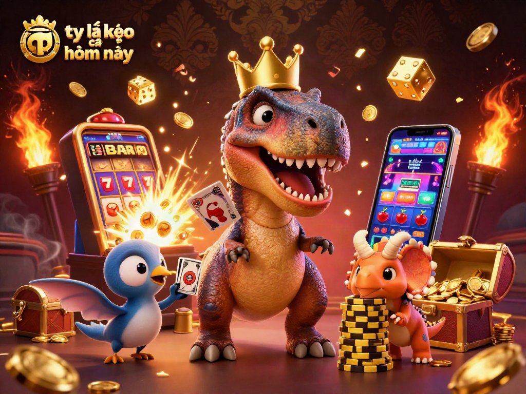Betting with tỷ lệ kèo nhà cái hôm nay illustrated by a T-Rex playing cards, a pterodactyl assisting, and a triceratops stacking chips.