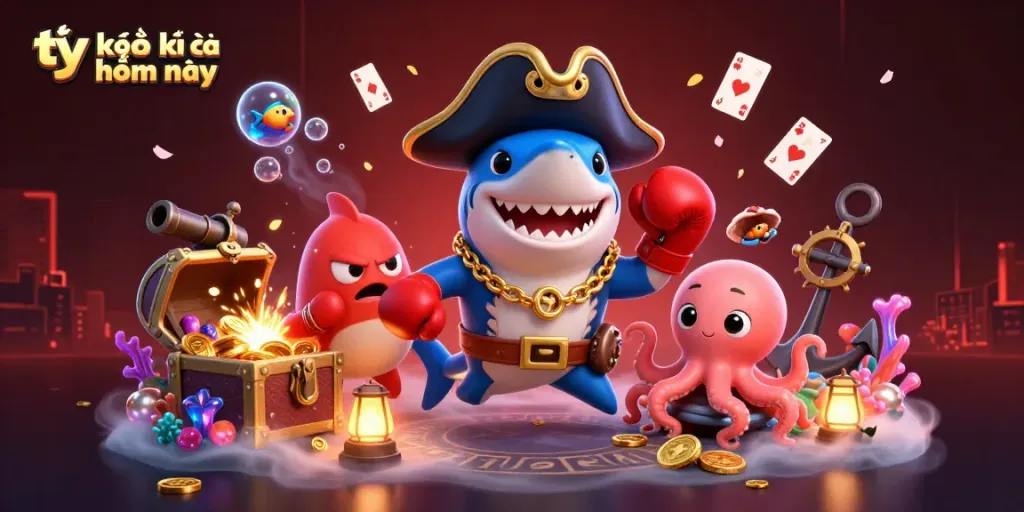 Engage with tỷ lệ kèo nhà cái hôm nay in this dynamic underwater casino scene featuring playful aquatic characters.