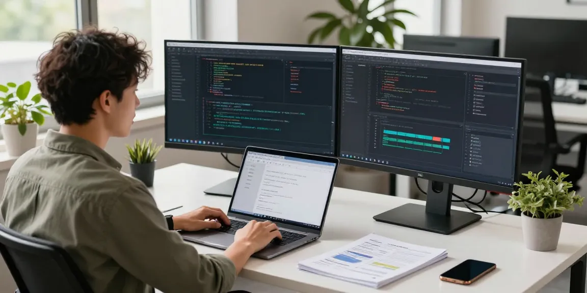 快连 software engineer working in a modern tech office with dual monitors and bright natural light.