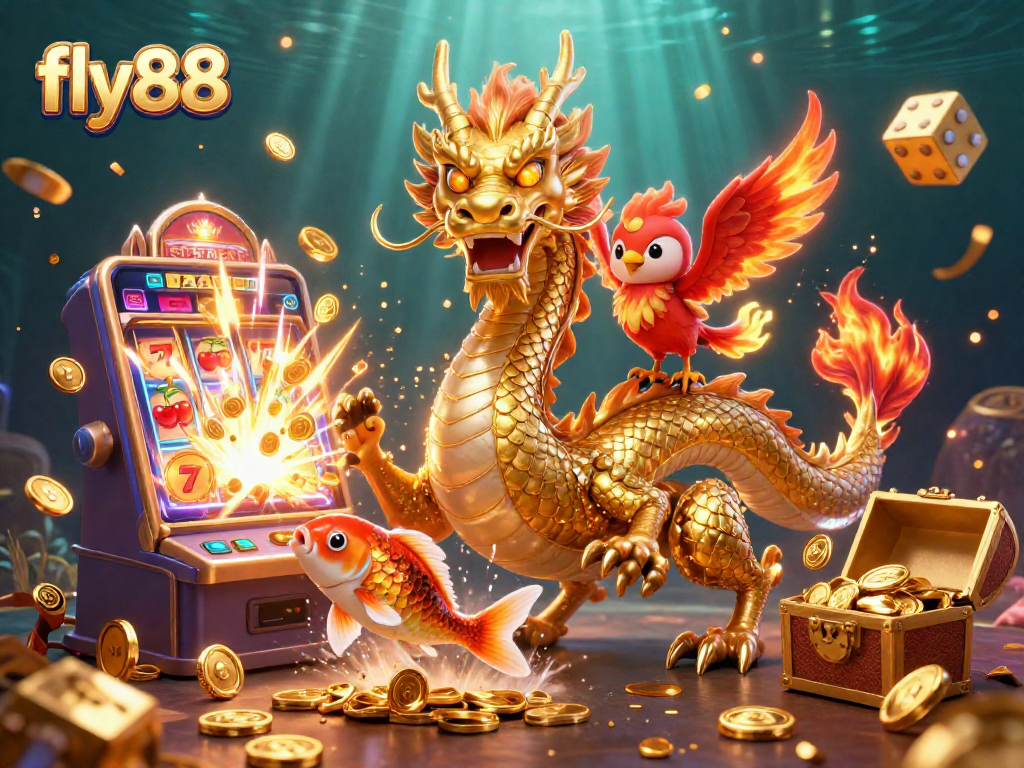 Experience the thrill of fly88 with a lively dragon and phoenix amidst golden coins and slots.