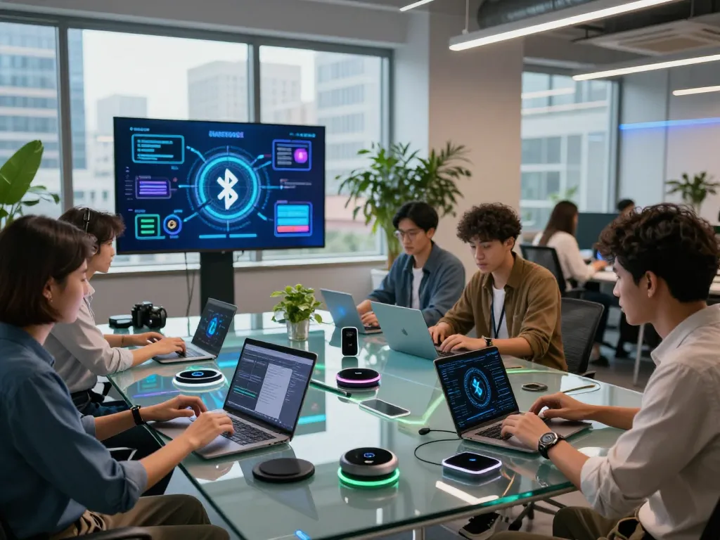 Innovative tech workspace with professionals exploring top 10 tech gadgets 2035 through collaboration and advanced Bluetooth technology.