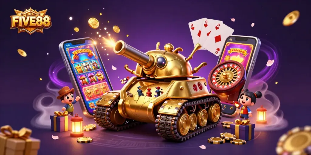 Engaging FIVE88 casino-themed illustration depicting a unique beetle tank casino experience.