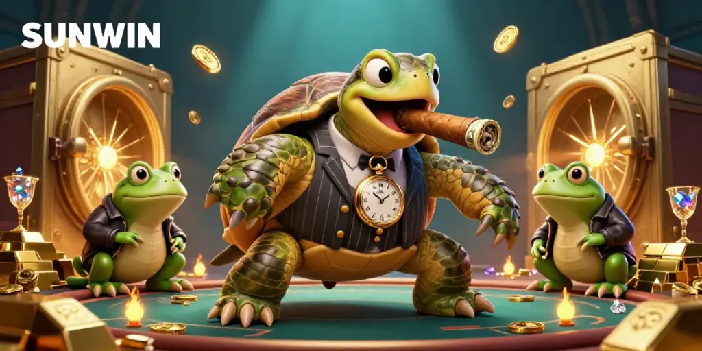 Experience SUNWIN with an animated casino scene featuring a snapping turtle in a mobster suit surrounded by treasures.