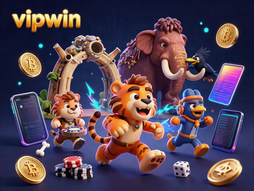 Engaging scene of vipwin's gaming adventure with caveman, sabertooth tiger, and crow in a prehistoric casino.