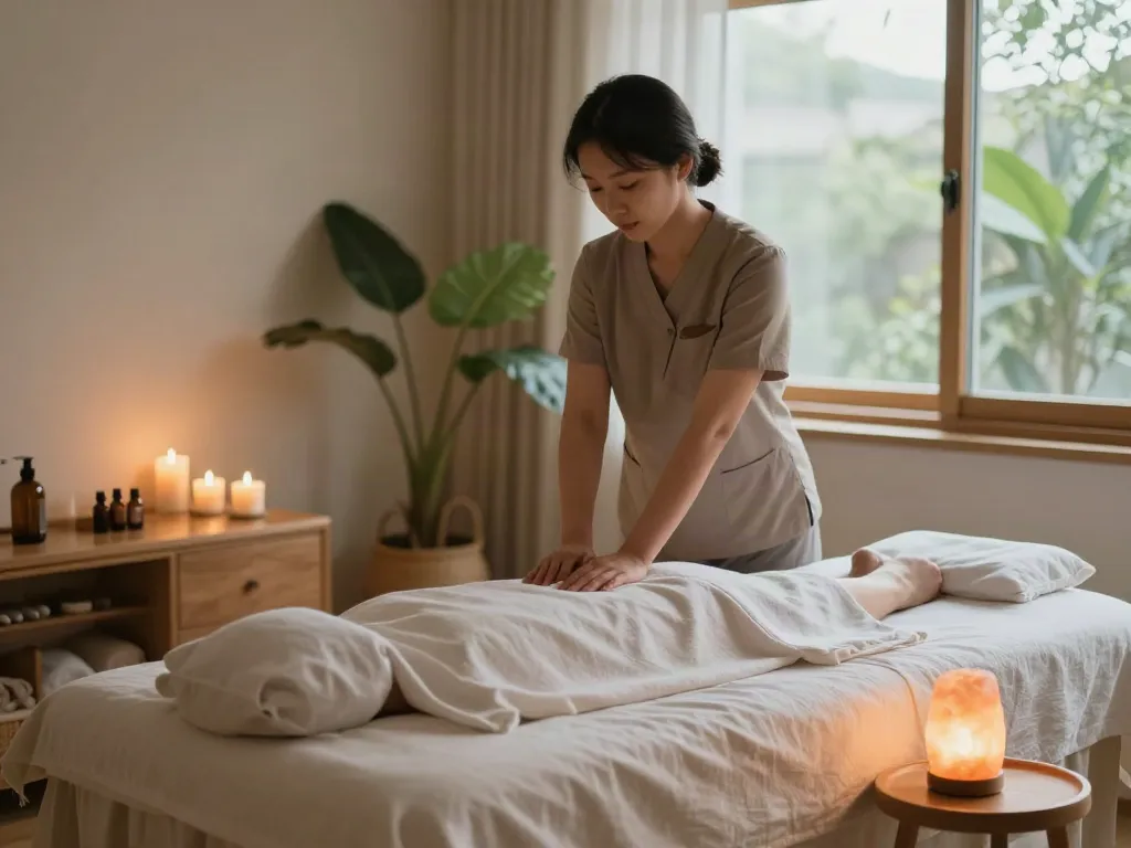 Relaxing 경기광주출장마사지 environment with ambient lighting and essential oils.