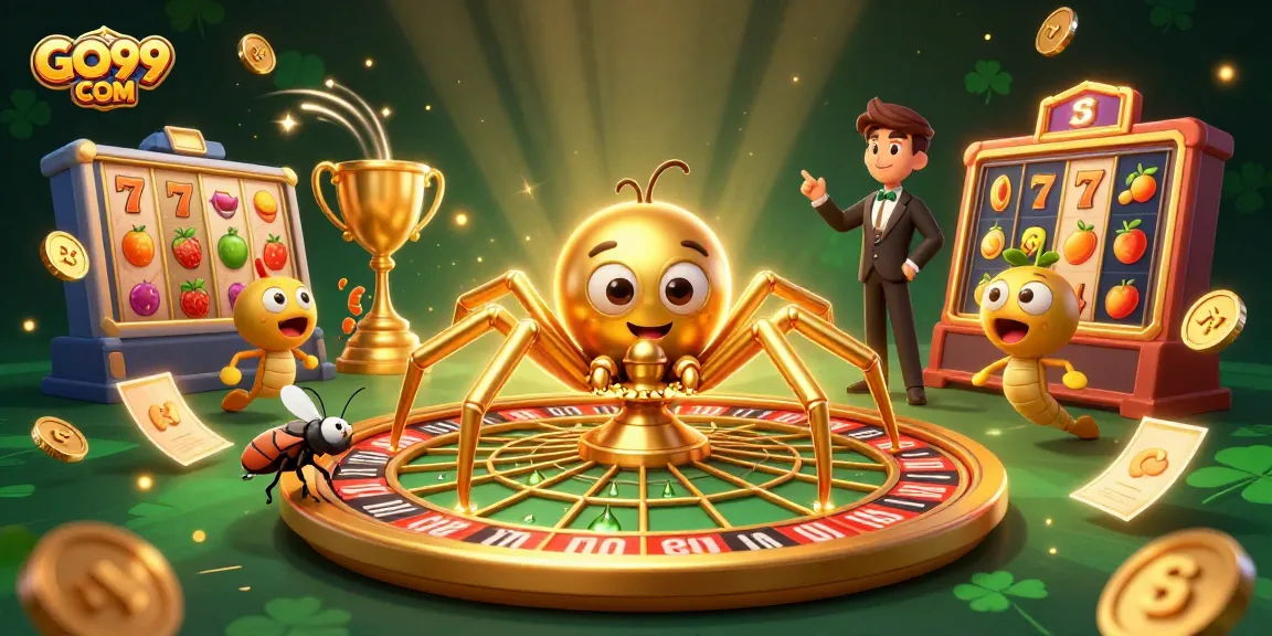 Immerse in GO99 COM's thrilling betting atmosphere with a cartoon spider web roulette and vibrant gaming elements.