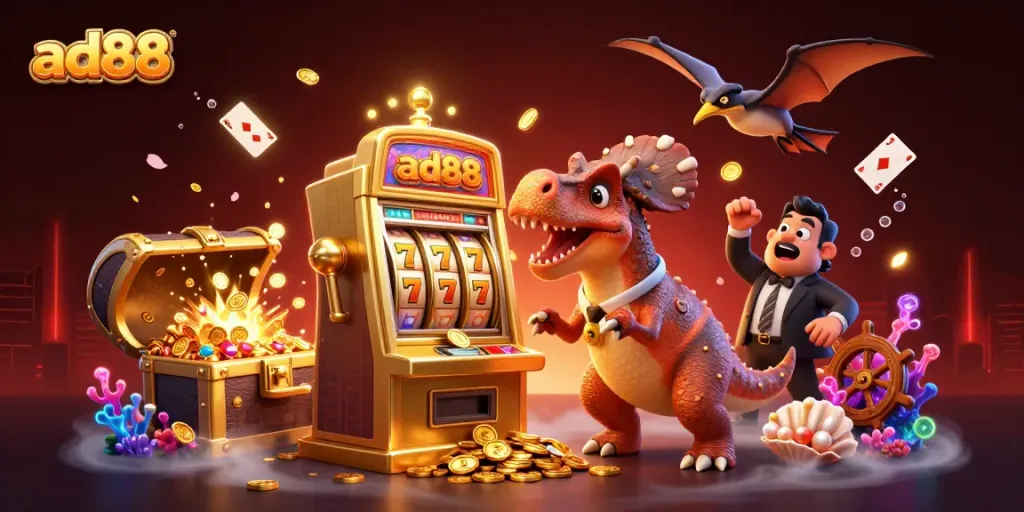 Experience excitement at ad88 with a pachycephalosaurus jackpot scene full of gold coins and playful elements.