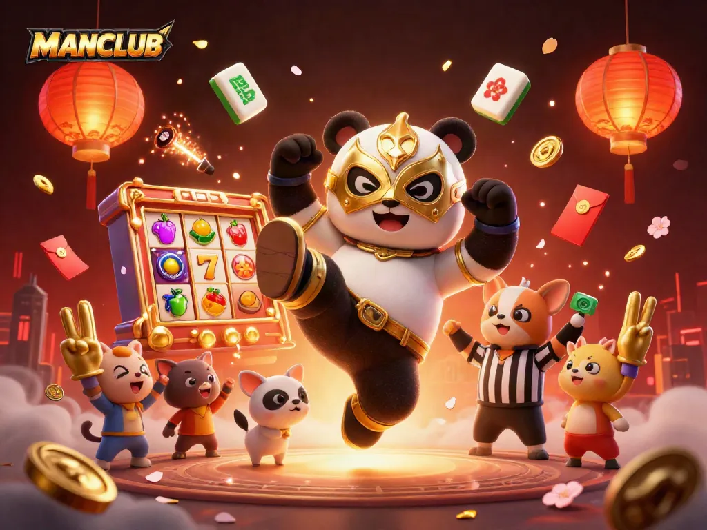 Engage with MANCLUB's vibrant casino scene featuring an enthusiastic panda and chihuahua amidst spinning slot reels.