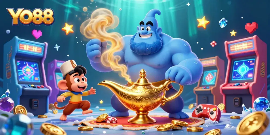 Experience thrilling gameplay with YO88, featuring a blue genie, poker chips, and colorful arcade games.