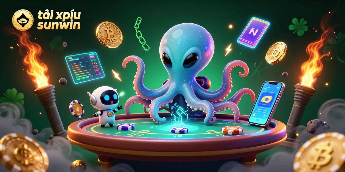Engage in tài xỉu sunwin with a cosmic octopus playing poker at a holographic table, surrounded by crypto coins.