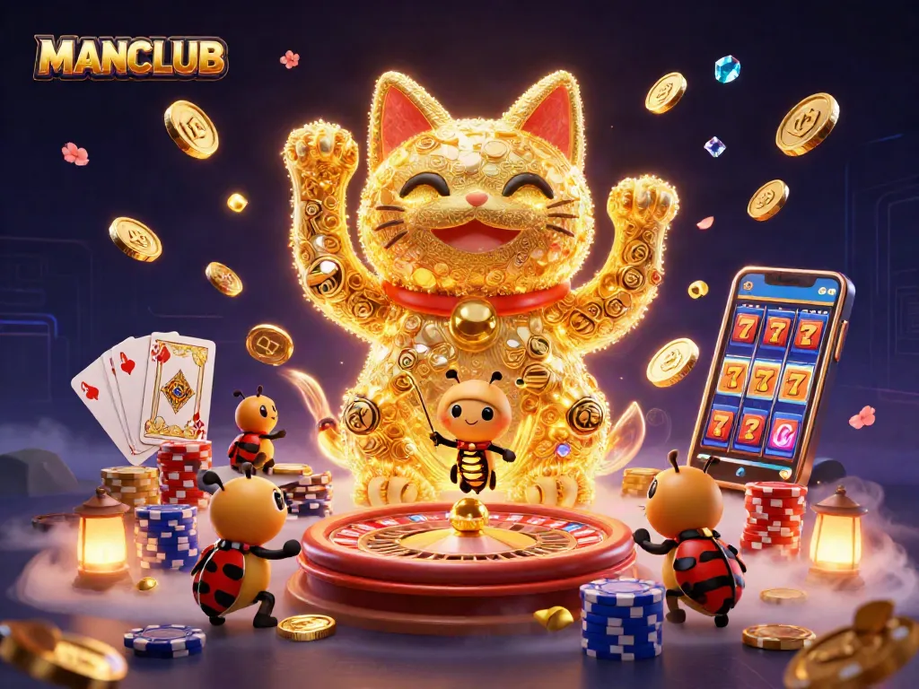 Experience the thrill of MANCLUB with a vibrant lucky cat and dazzling casino symbols in motion.