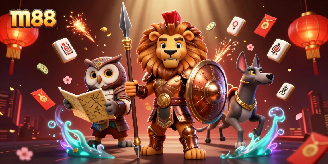 Experience the thrill of m88 gaming with a dynamic 3D casino scene featuring vibrant characters and gambling elements.