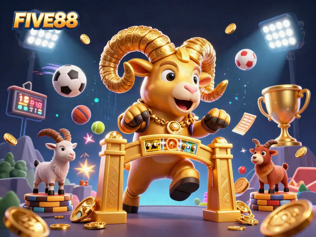 FIVE88 showcases a dynamic 3D casino scene with golden ram and sports betting elements