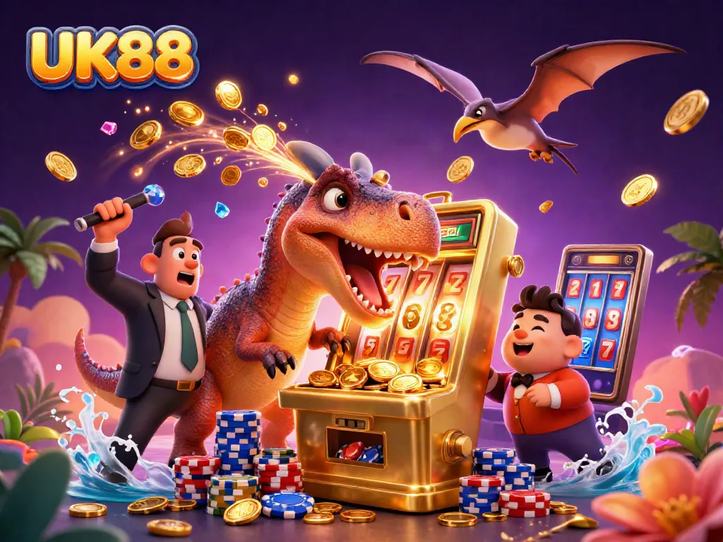 UK88's thrilling gaming scene with cartoon dinosaurs, jackpots, and vibrant casino elements.