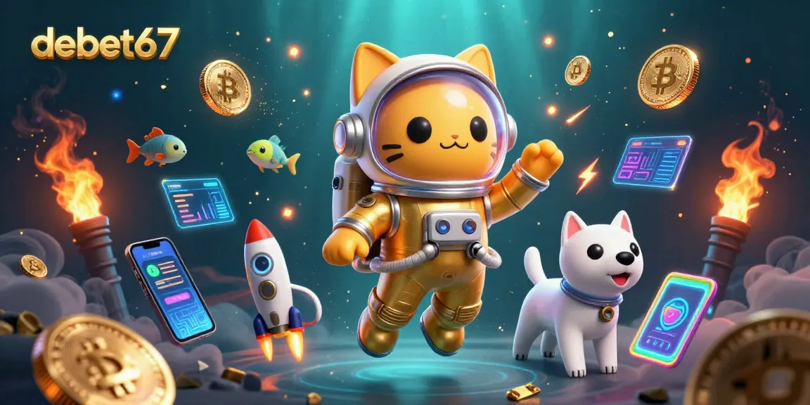 Place bets with debet67 in this vibrant, packed 3D casino scene filled with festive gaming and crypto elements.